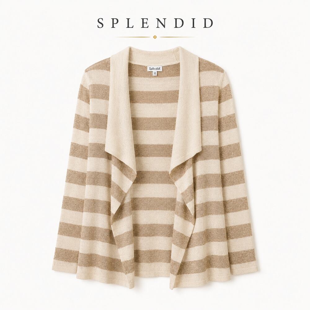 Splendid Ivory Gold Metallic Stripe Open Front Cardigan XS Lightweight Knit